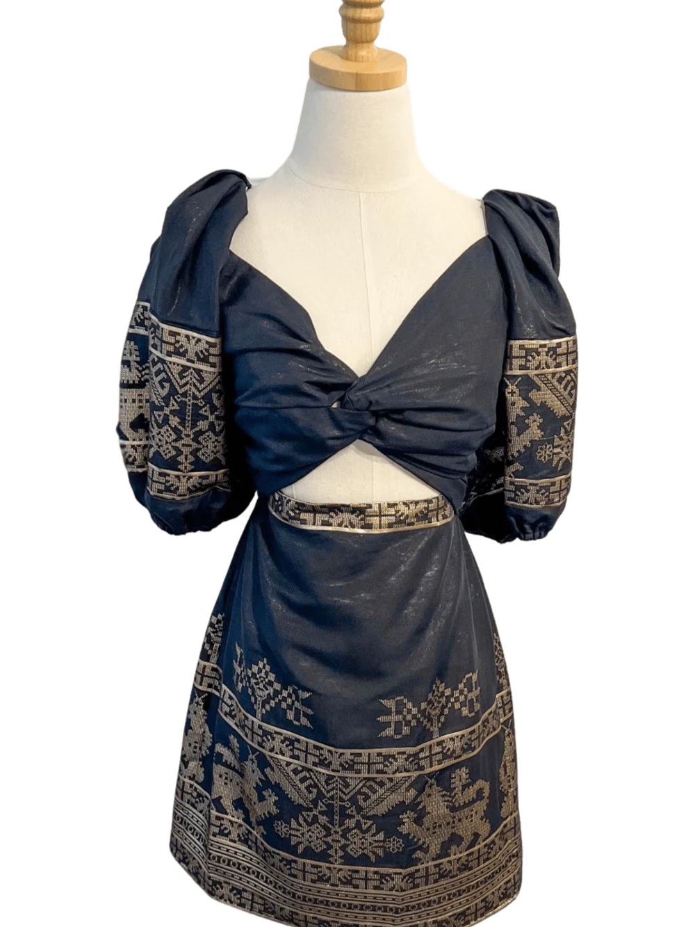 NWT Lace The Label Black Puff-Sleeve Gold Embroidered Mini Dress - Size Small
